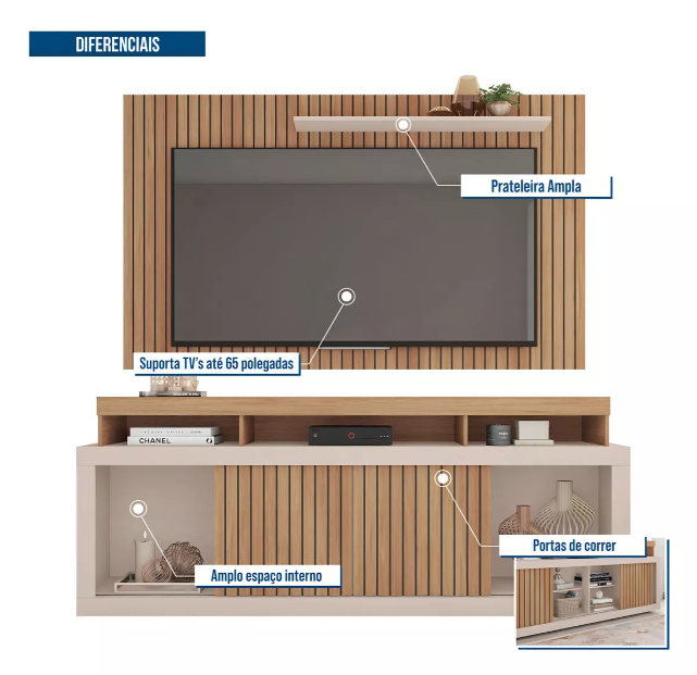 Rack Com Painel Para Tv Até 65 Polegadas Life Marrom Caemmun - Image 8
