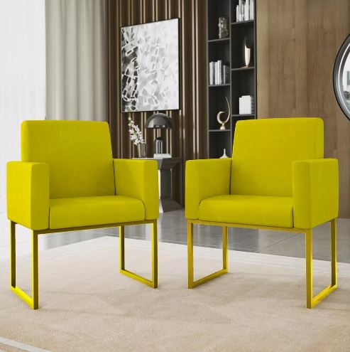 Kit 02 Poltronas Cadeira Sala Decorativa Base Ferro Dourado
